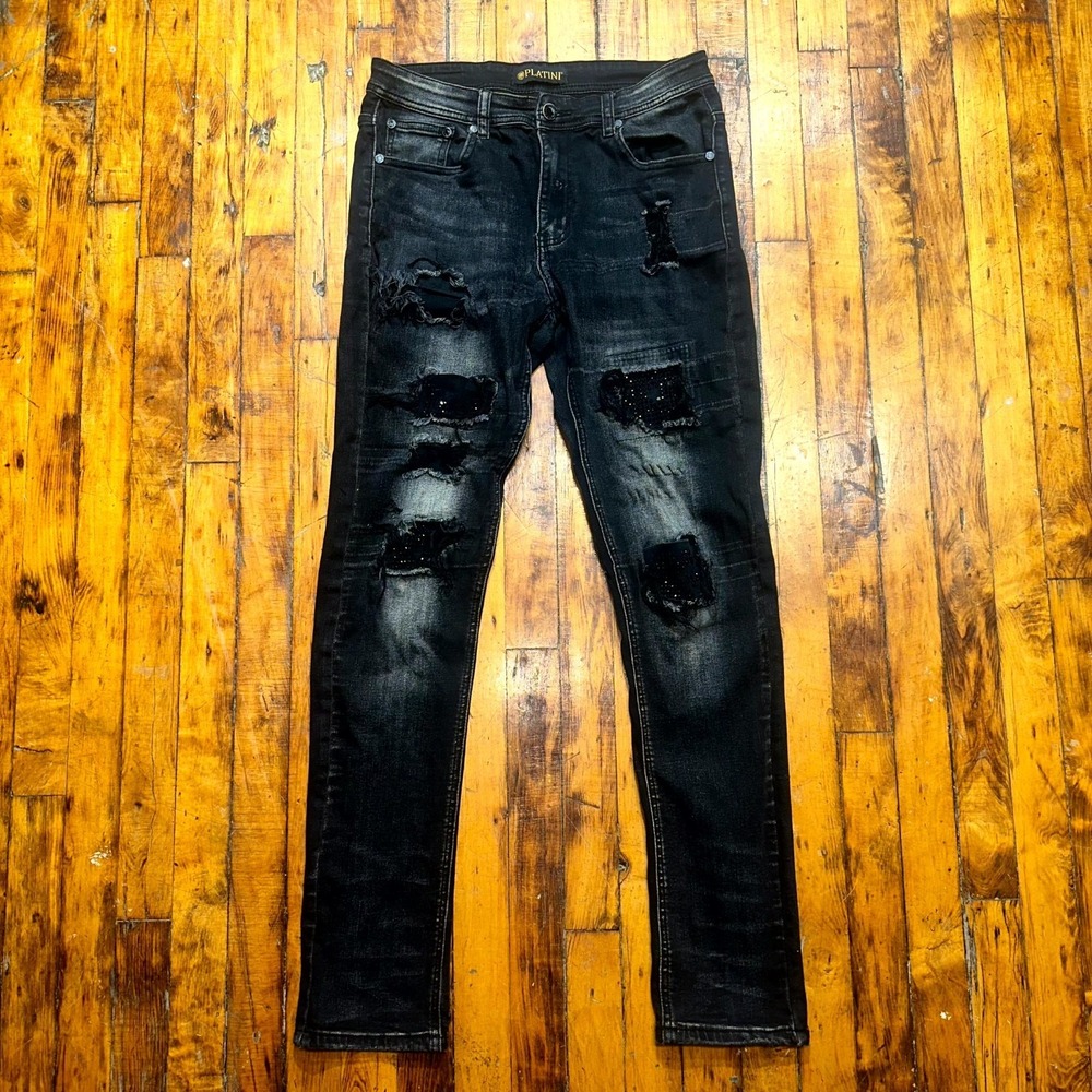 Platini Jeans Women's Size 30 Black Denim Skinny Leg Heavily Distressed Ripped